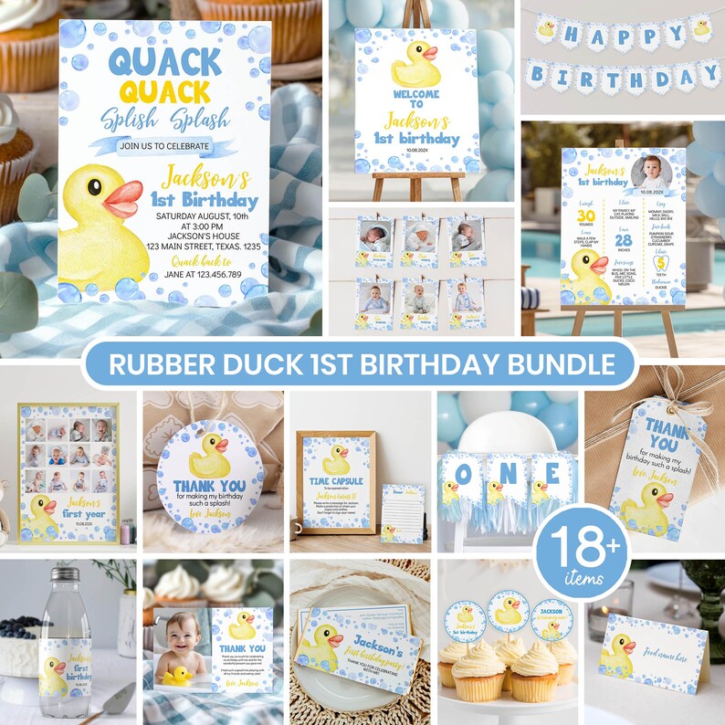 Peut inclure: Un ensemble de f&ecirc;te pour un premier anniversaire sur le th&egrave;me du canard en caoutchouc comprenant 18 articles tels que des invitations, une pancarte, une banni&egrave;re, des affiches, des &eacute;tiquettes et des d&eacute;corations avec des motifs de bulles bleues.