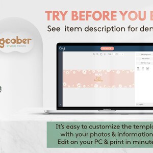 May include: A laptop displaying a digital design template with a pink background and white daisy pattern. The screen shows text reading Mila's first birthday. Above the laptop, text reads TRY BEFORE YOU BUY! See item description for demo link.