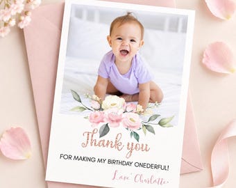 Miss Onderful Birthday Photo Thank You Card, Blush Pink Floral Birthday Party Favor Card, Picture Thank You Card, Instant Download. #F007