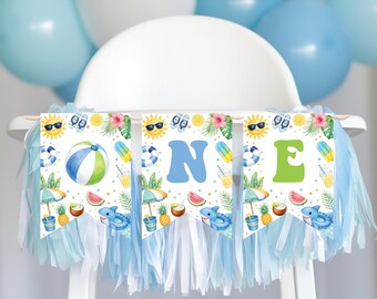 Editable One in the Sun Highchair Banner | First Birthday Pool Party High Chair Banner | Beach Cake Smash Decor | Instant Download | S027