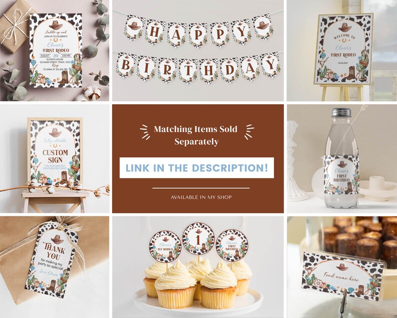 May include: A set of printable party decorations for a first birthday party with a cowboy theme. The decorations include a welcome sign, a banner, cupcake toppers, a water bottle label, a thank you tag, and a custom sign. The decorations feature a brown and white cow print pattern with blue accents.