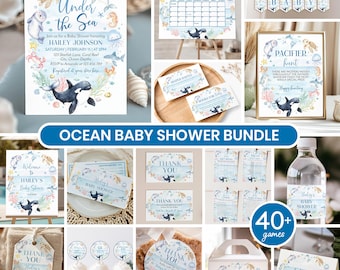May include: An ocean-themed baby shower bundle with invitations, games, and decorations. The invitation features a whale illustration and the text "Under the Sea." Other items include a welcome banner, cupcake toppers, and thank you tags.