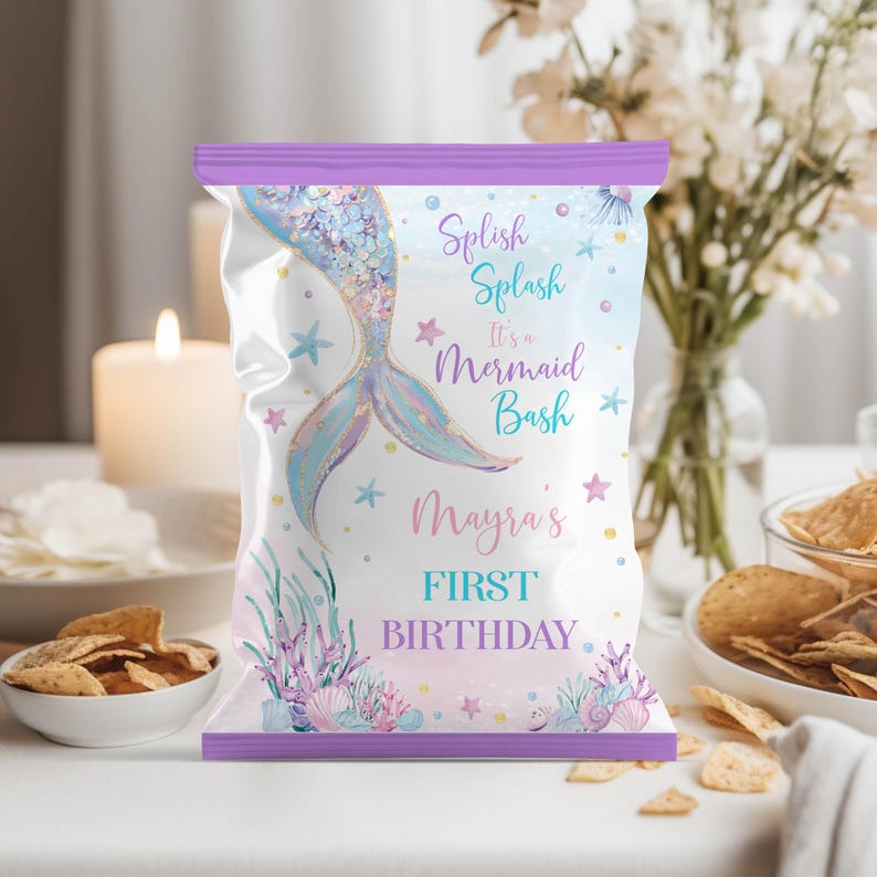 EDITABLE Mermaid Party Chip Bag Template, Under The Sea Birthday Party Favors, Mermaid Birthday Printable, Girl Birthday Chip Bags