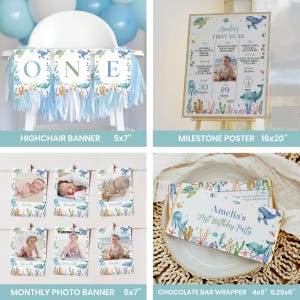 May include: A set of printable party decorations for a first birthday with an ocean theme. The set includes a highchair banner, a milestone poster, a monthly photo banner, and a chocolate bar wrapper. The decorations feature a blue, green, and yellow color scheme with illustrations of sea creatures, coral reefs, and seashells.