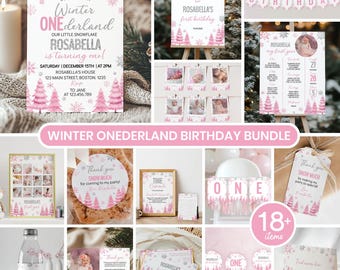 Winterliches Geburtstagspaket | Rosa Schneeflocken-Dekoration für den ersten Geburtstag | Bearbeitbare Vorlagen | Sofort-Download | W015