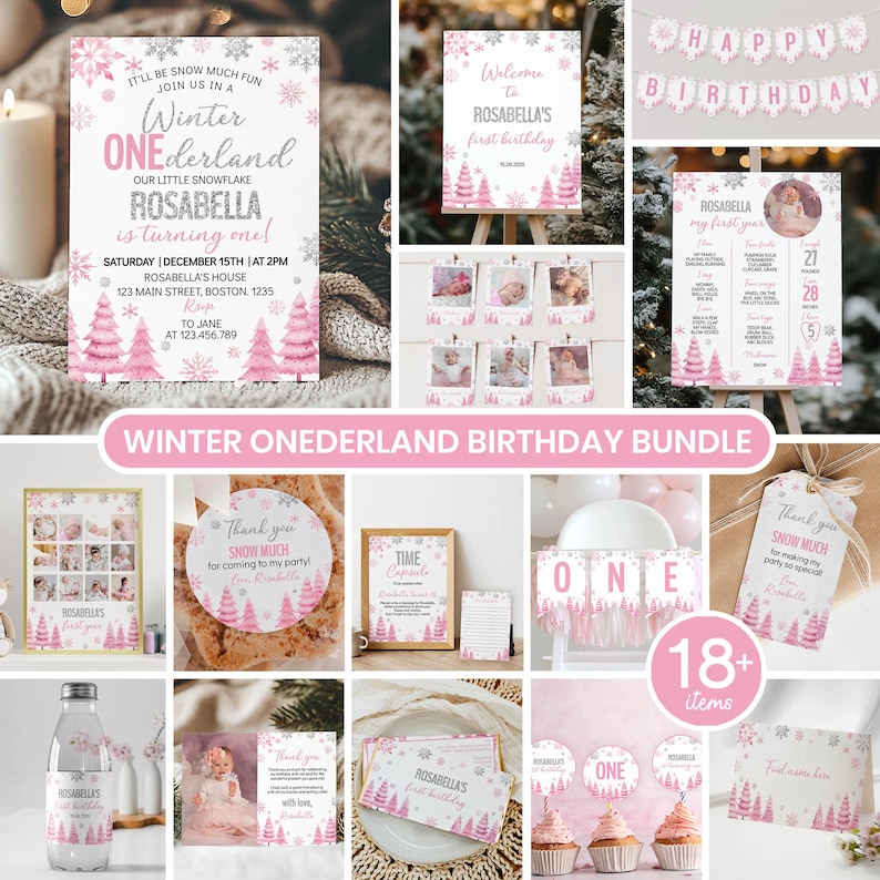 May include: A Winter Onederland birthday party bundle featuring pink and silver snowflake and pine tree graphics. Includes invitations, milestone boards, banners, favour tags, cupcake toppers, and signs with text like Rosabella is turning one.