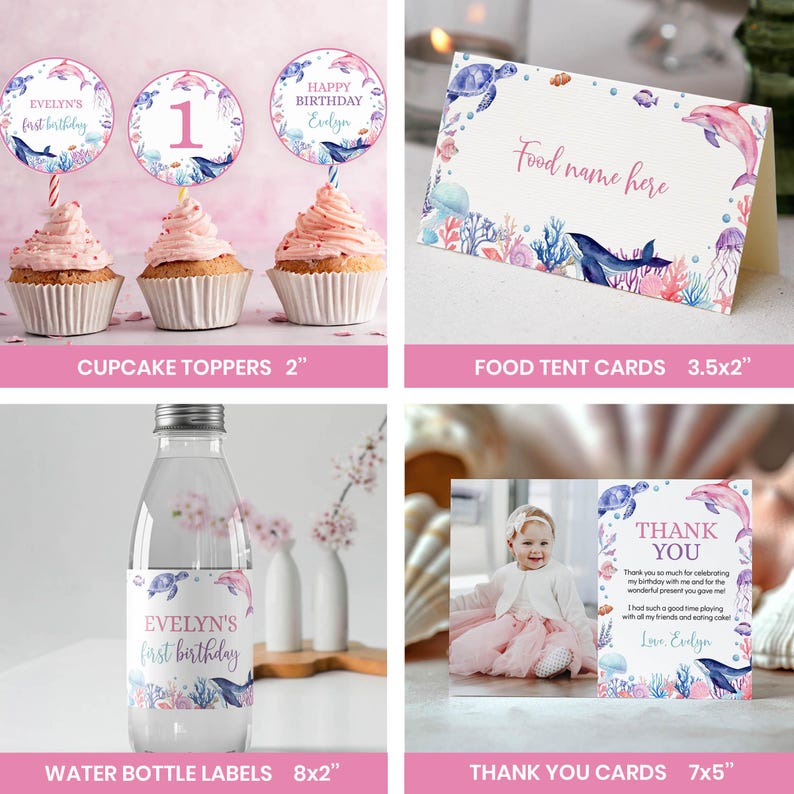 May include: A collection of birthday party supplies featuring an ocean theme with dolphins, turtles, and coral illustrations. Includes three 2-inch cupcake toppers, a 3.5x2-inch food tent card, 8x2-inch water bottle labels, and a 7x5-inch thank you card.