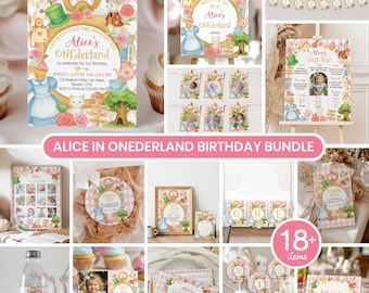 Editable Alice In Onederland First Birthday Invitation Bundle, Wonderland 1st Birthday Bundle, Tea Party Birthday Decorations Set. A013