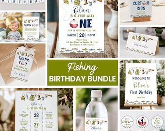 Editable Fishing 1st Birthday Invitation Bundle, The Big One Birthday Kit, OFishally One Birthday Party Package, Printable Template. F017