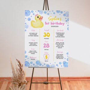 May include: A white birthday milestone sign featuring a yellow rubber duck with a pink bow, blue watercolor bubbles, and text including Sophia's 1st birthday, 30 pounds, 28 inches, and 5 teeth, displayed on a black metal easel stand.