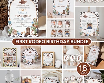 Editable First Rodeo Birthday Invitation Bundle, Cowboy 1st Birthday Invite Kit, Wild West Birthday Party Decor Set, Printable Template C011