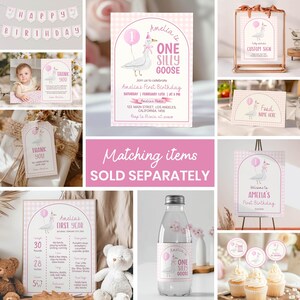 May include: A collection of pink and white gingham party stationery featuring a goose illustration, including a birthday invitation, thank you card, milestone board, food labels, cupcake toppers, a water bottle label, and a banner with text.