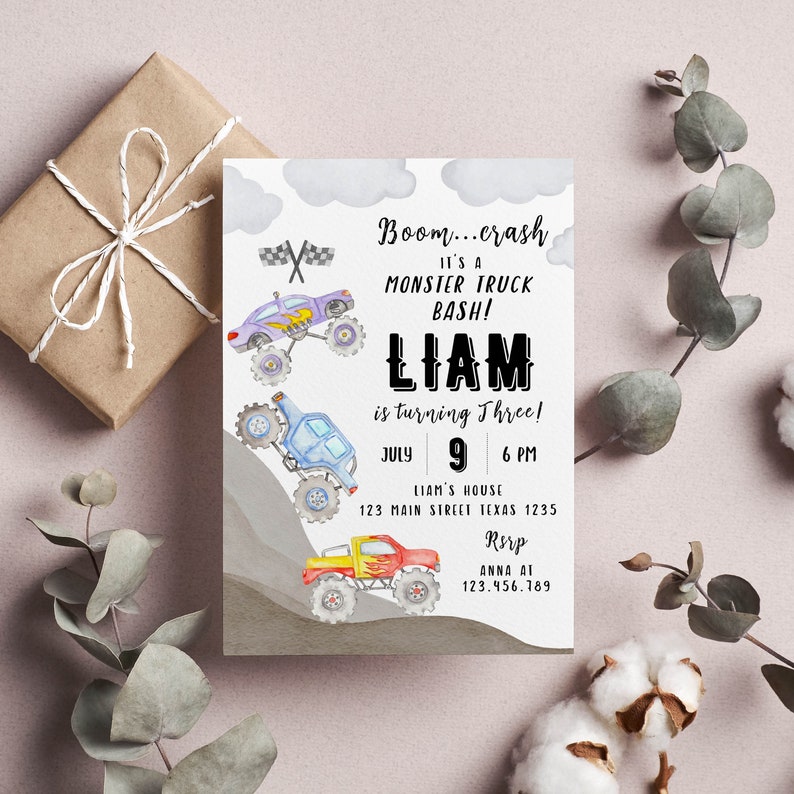 EDITABLE Monster Truck Birthday Invitation, Monster Trucks Invitation, Boy Truck Birthday Invite, Any Age, Printable Template