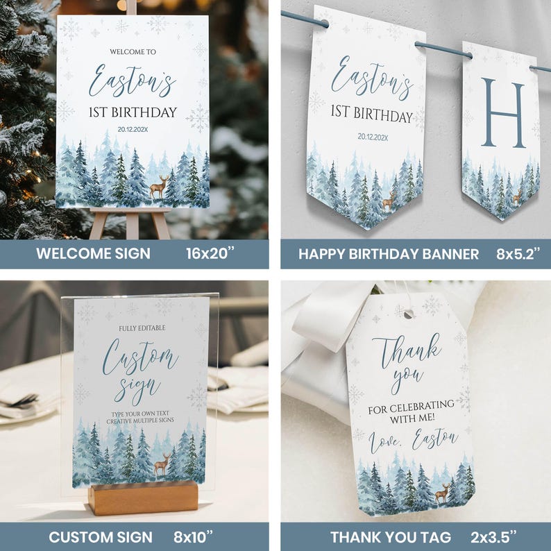 Winter Onederland Einladung Bundle, Winter 1.Geburtstag Dekor Kit, Winter Waldland Hirsch Geburtstagsparty Paket, Sofort Download. W006 Bild 3