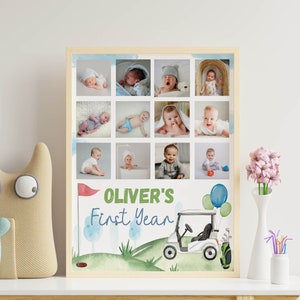 May include: A framed collage of photos of a baby boy, with a golf cart and the text "Oliver's First Year" on a green and blue background.