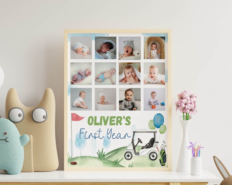 May include: A framed collage of photos of a baby boy, with a golf cart and the text "Oliver's First Year" on a green and blue background.