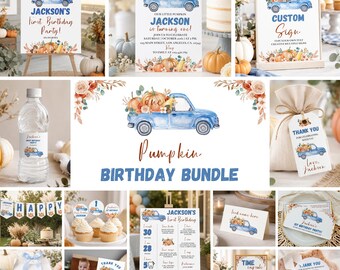 Pumpkin Truck 1st Birthday Bundle, Editable Blue Truck Boy Birthday Party Decor Set, Printable Fall Invitation Banner Signs