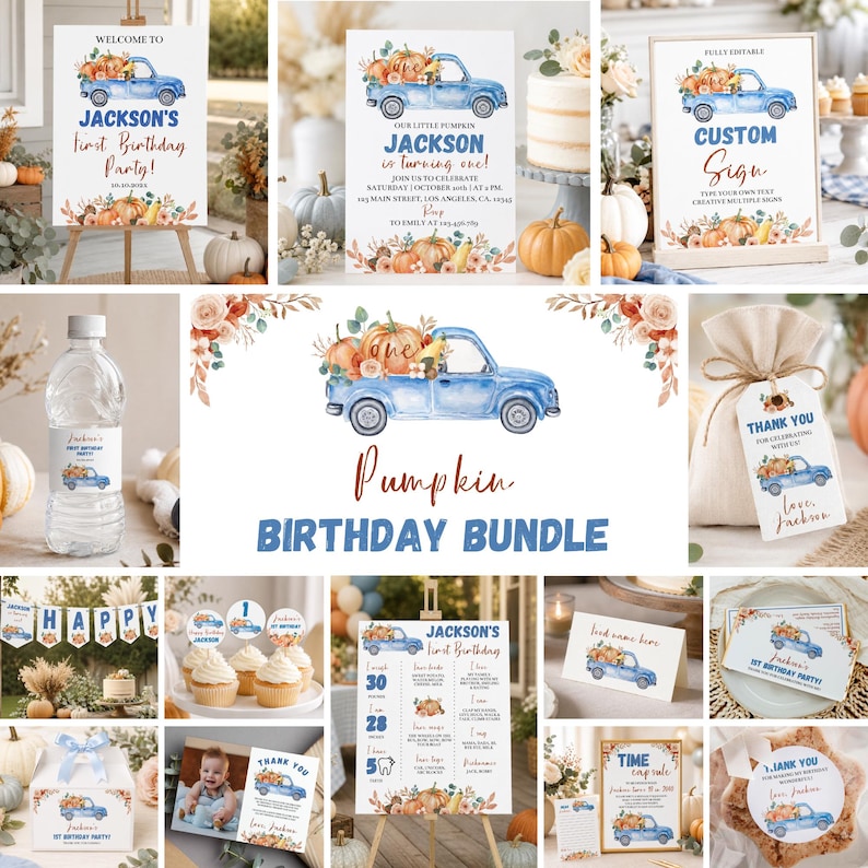 Pu&ograve; includere: Un set per feste di compleanno a tema zucca con un'illustrazione di un camioncino blu e zucche, che include cartelli, etichette per bottiglie d'acqua, etichette regalo, decorazioni per cupcake, uno striscione e poster con testo come Jackson's first birthday party.