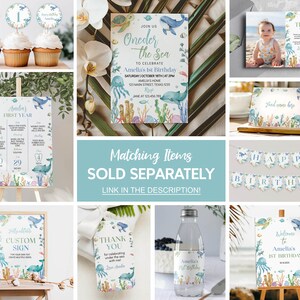 May include: A set of printable party decorations for a first birthday with an under the sea theme. The set includes a welcome sign, a thank you tag, a custom sign, a first year milestone chart, a banner, cupcake toppers, and a water bottle label. The decorations feature watercolor illustrations of sea creatures, coral, and seaweed in shades of blue, green, and pink.