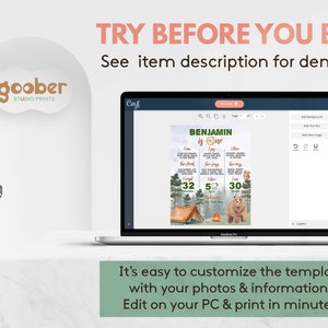 May include: A laptop screen displaying a customizable birthday milestone poster template with a woodland theme, featuring a bear, a tent, and campfire graphics, with text reading Benjamin is one, 32 pounds, 5 teeth, and 30 inches.