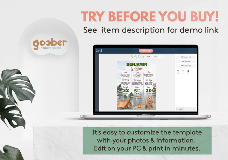 May include: A laptop screen displaying a customizable birthday milestone poster template with a woodland theme, featuring a bear, a tent, and campfire graphics, with text reading Benjamin is one, 32 pounds, 5 teeth, and 30 inches.