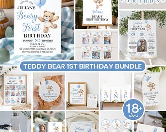 Paquete de invitaciones editables para el primer cumpleaños de Beary, kit moderno para fiesta de primer cumpleaños de Bear, paquete de decoración de cumpleaños de Teddy Bear, descarga instantánea. B022