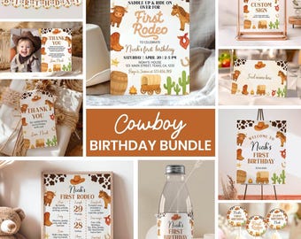My First Rodeo Birthday Invitation Bundle, Cowboy 1st Birthday Party Kit, Wild West Birthday Party Invite Package, Editable Templates. C015