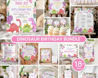 Dinosaur Birthday Invitation Bundle, Girl Dinosaur Birthday Party Decor Kit, Three Rex Birthday Package, Printable Template. D006