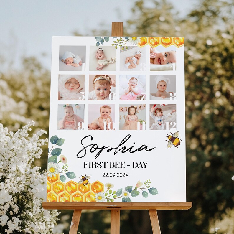 May include: A white rectangular milestone board featuring twelve square photo slots numbered one through twelve. The design includes watercolor honeycomb and daisy illustrations, a bee graphic, the name Sophia, and the text FIRST BEE - DAY 22.09.202X.