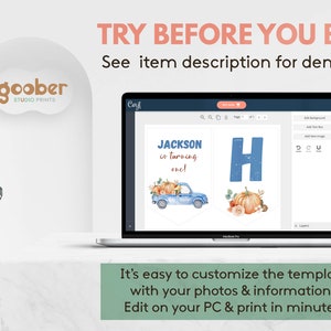 May include: A laptop screen displaying a customizable party banner template featuring a blue truck, pumpkins, and the text JACKSON is turning one! and the letter H. The screen includes editing tools and the text TRY BEFORE YOU BUY! See item description for demo link.