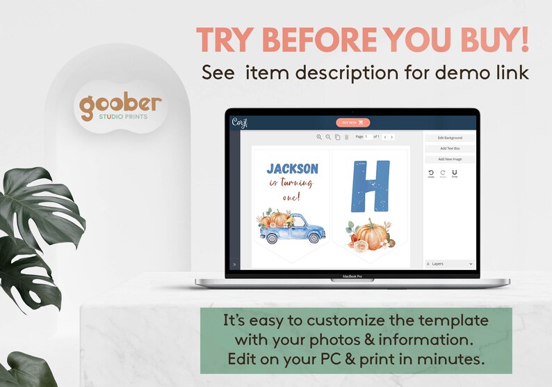 May include: A laptop screen displaying a customizable party banner template featuring a blue truck, pumpkins, and the text JACKSON is turning one! and the letter H. The screen includes editing tools and the text TRY BEFORE YOU BUY! See item description for demo link.