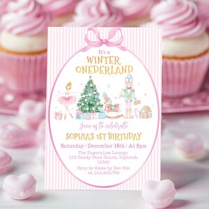 May include: A rectangular invitation card with a pink and white striped background featuring a pink bow at the top. The text reads It's a WINTER ONEDERLAND, Join us to celebrate SOPHIA'S 1ST BIRTHDAY, Saturday December 16th at 2pm, The Sugarplum Lounge.