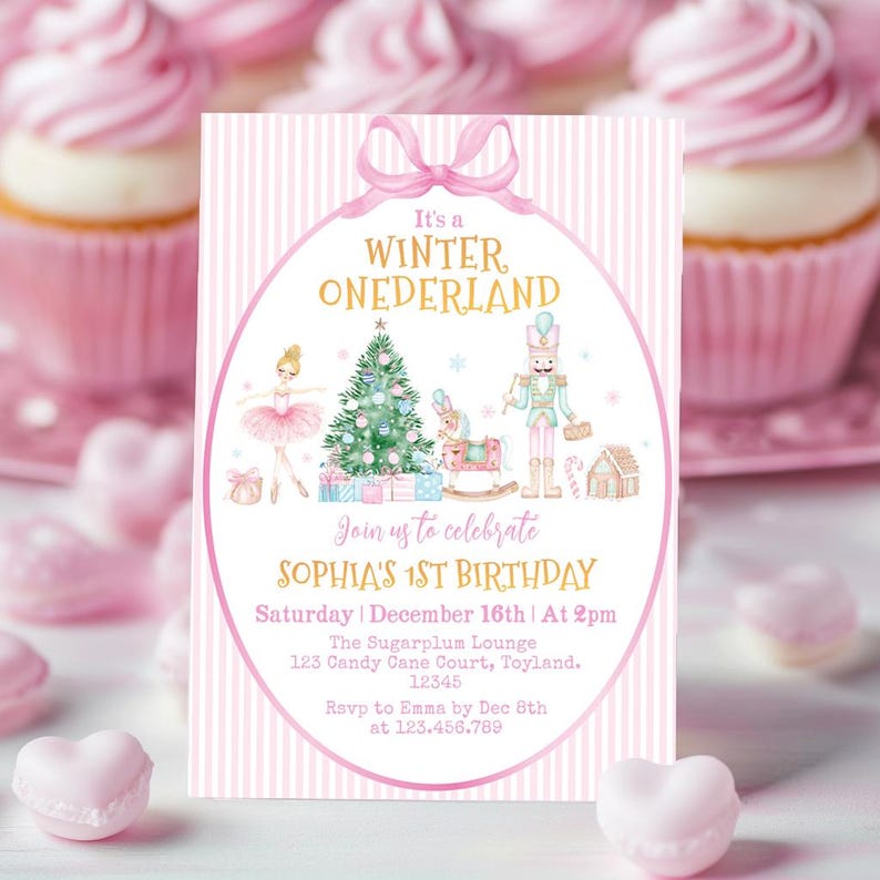May include: A rectangular invitation card with a pink and white striped background featuring a pink bow at the top. The text reads It's a WINTER ONEDERLAND, Join us to celebrate SOPHIA'S 1ST BIRTHDAY, Saturday December 16th at 2pm, The Sugarplum Lounge.