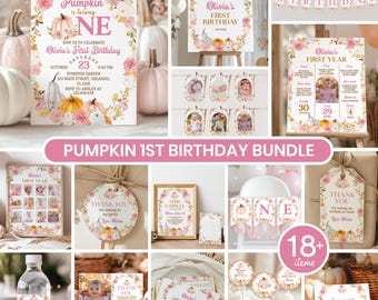 Little Pumpkin 1st Birthday Bundle | Boho Fall Birthday Party Decor, Pumpkin First Birthday Printable Set | Editable Instant Downloads, P015