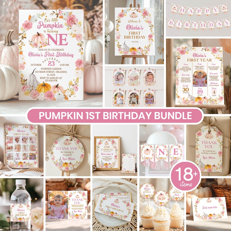 Zestaw na pierwsze urodziny Little Pumpkin | Dekoracje na jesienne przyjęcie urodzinowe w stylu boho, Zestaw do druku z motywem pierwszych urodzin dyni | Edytowalne pliki do pobrania, P015 zdjęcie 1