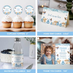 May include: A collection of party supplies featuring a winter fairy and mushroom theme with blue accents. Includes 2-inch cupcake toppers, 3.5x2-inch food tent cards, 8x2-inch water bottle labels, and 7x5-inch thank you cards with printed text.