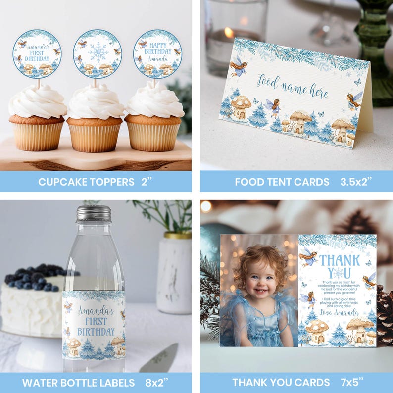 May include: A collection of party supplies featuring a winter fairy and mushroom theme with blue accents. Includes 2-inch cupcake toppers, 3.5x2-inch food tent cards, 8x2-inch water bottle labels, and 7x5-inch thank you cards with printed text.