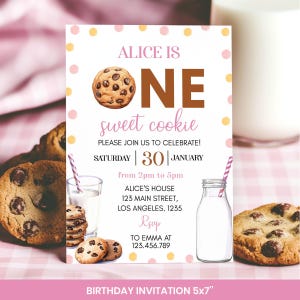 May include: A pink and white birthday invitation with a chocolate chip cookie and a glass of milk. The invitation says "Alice is One sweet cookie" and includes the date "Saturday 30 January" and the time "from 2pm to 5pm".