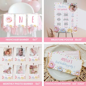 Editable Sweet One First Birthday Invitation Bundle, Donut Birthday Party Decor Kit, Girl 1st Birthday Package Instant Download. D010 image 4