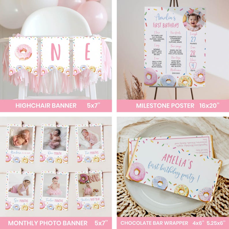 Editable Sweet One First Birthday Invitation Bundle, Donut Birthday Party Decor Kit, Girl 1st Birthday Package Instant Download. D010 image 4