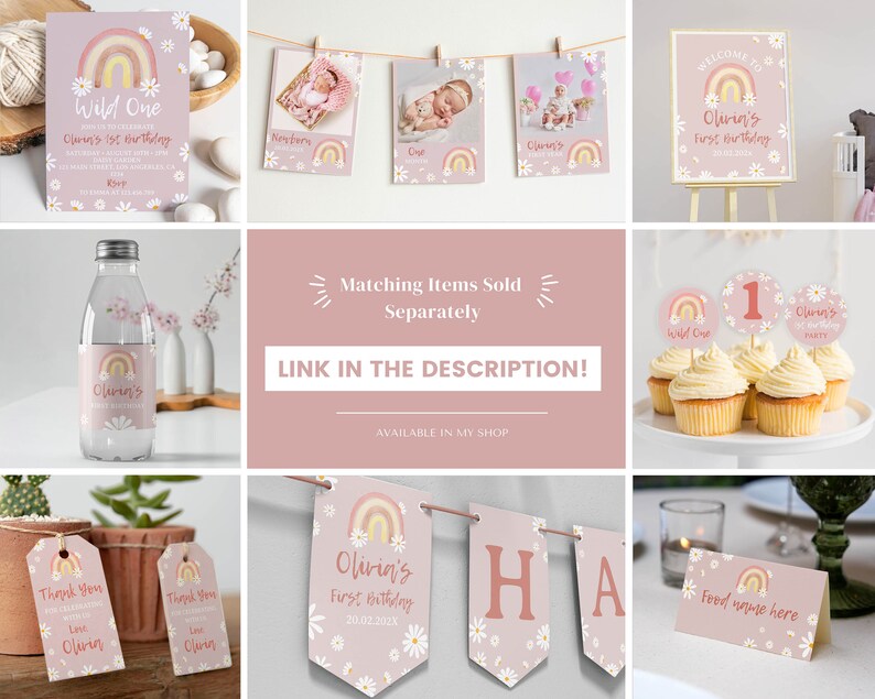 May include: A set of printable party decorations for a first birthday party with a rainbow and daisy theme. The set includes a welcome sign, cupcake toppers, a banner, food tent cards, and favor tags. The colors are pink, yellow, white, and brown.