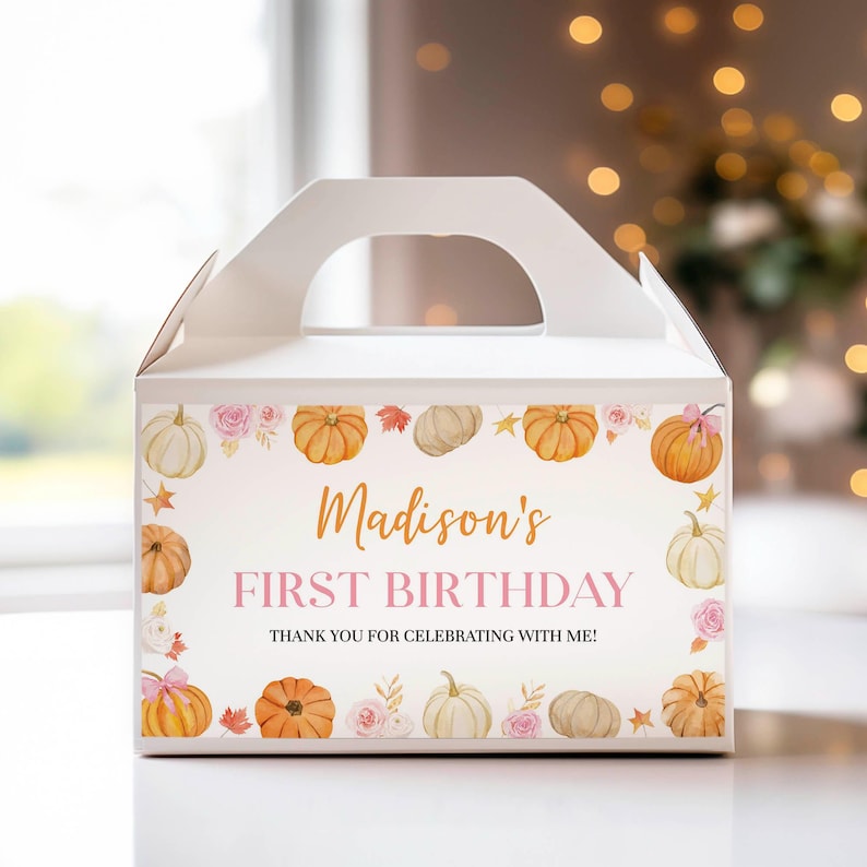 EDITABLE Pumpkin 1st Birthday Gable Gift Box Label, Our Little Pumpkin Gable Label, Pink Bow Party Favors, Girl Birthday Printable
