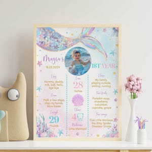 May include: A pink and blue mermaid-themed first birthday milestone poster with a photo of a baby girl. The poster includes the baby's name, Mayra, birthdate, and measurements in inches and pounds. It also lists the baby's favorite foods, songs, and activities.