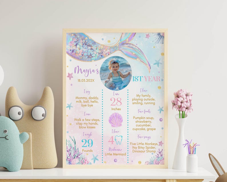 May include: A pink and blue mermaid-themed first birthday milestone poster with a photo of a baby girl. The poster includes the baby's name, Mayra, birthdate, and measurements in inches and pounds. It also lists the baby's favorite foods, songs, and activities.