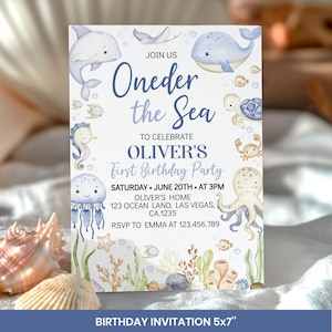May include: A 5x7" birthday invitation with an "Oneder the Sea" theme. The invitation features watercolor illustrations of marine life, including a whale, dolphin, and octopus. The text reads "To Celebrate Oliver's First Birthday Party."