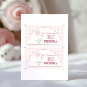 May include: A rectangular sheet featuring two identical semi-circular labels with a light pink gingham background. Each label displays a white goose wearing a pink party hat and bow, holding a pink balloon with the number 1, and the text Amelia's FIRST BIRTHDAY.