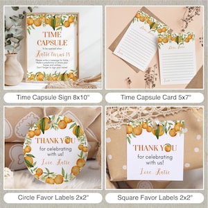 May include: A collection of stationery featuring orange and leaf illustrations. Includes an 8x10 inch time capsule sign, 5x7 inch lined cards, and 2x2 inch circular and square favor labels, all printed with the text Katie and orange motifs.