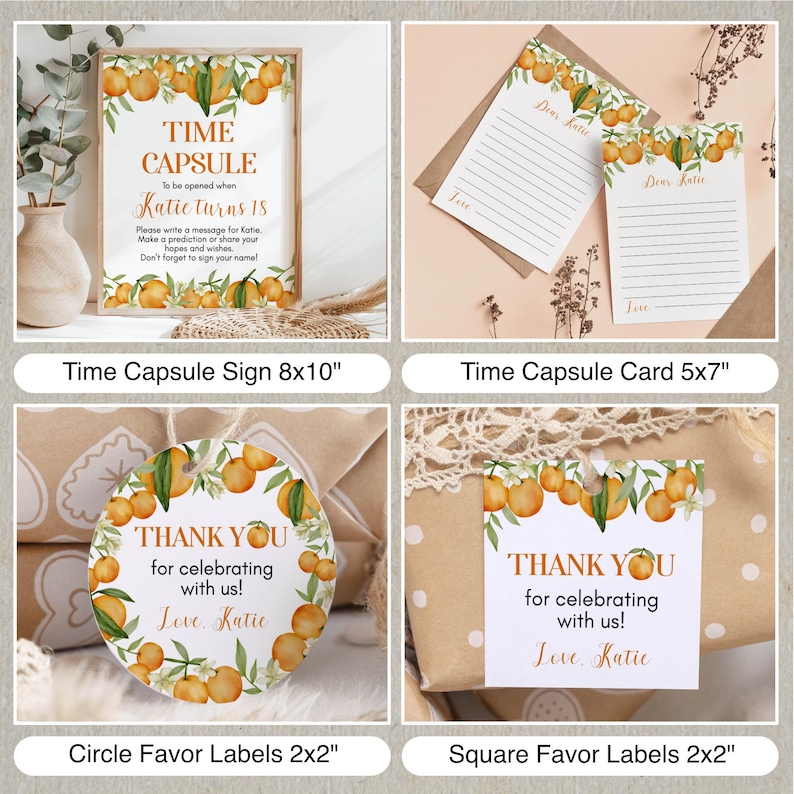 May include: A collection of stationery featuring orange and leaf illustrations. Includes an 8x10 inch time capsule sign, 5x7 inch lined cards, and 2x2 inch circular and square favor labels, all printed with the text Katie and orange motifs.