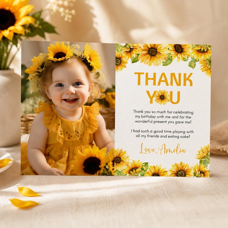 Puede incluir: Una tarjeta de agradecimiento rectangular con una fotograf&iacute;a de un ni&ntilde;o peque&ntilde;o sonriente con una corona de girasoles y un vestido amarillo a la izquierda. La derecha muestra el texto THANK YOU con ilustraciones de girasoles y un mensaje firmado Love, Amelia.