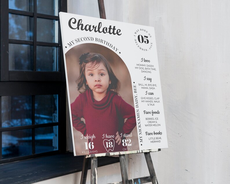 K&ouml;nnte beinhalten: Ein wei&szlig;es, rechteckiges Geburtstagsschild mit einem Foto eines Kindes in einem kastanienbraunen Oberteil. Der Text enth&auml;lt den Namen Charlotte, das Geburtsdatum sowie pers&ouml;nliche Angaben wie Gewicht in Kilogramm, Gr&ouml;&szlig;e in Zentimetern und Vorlieben.
